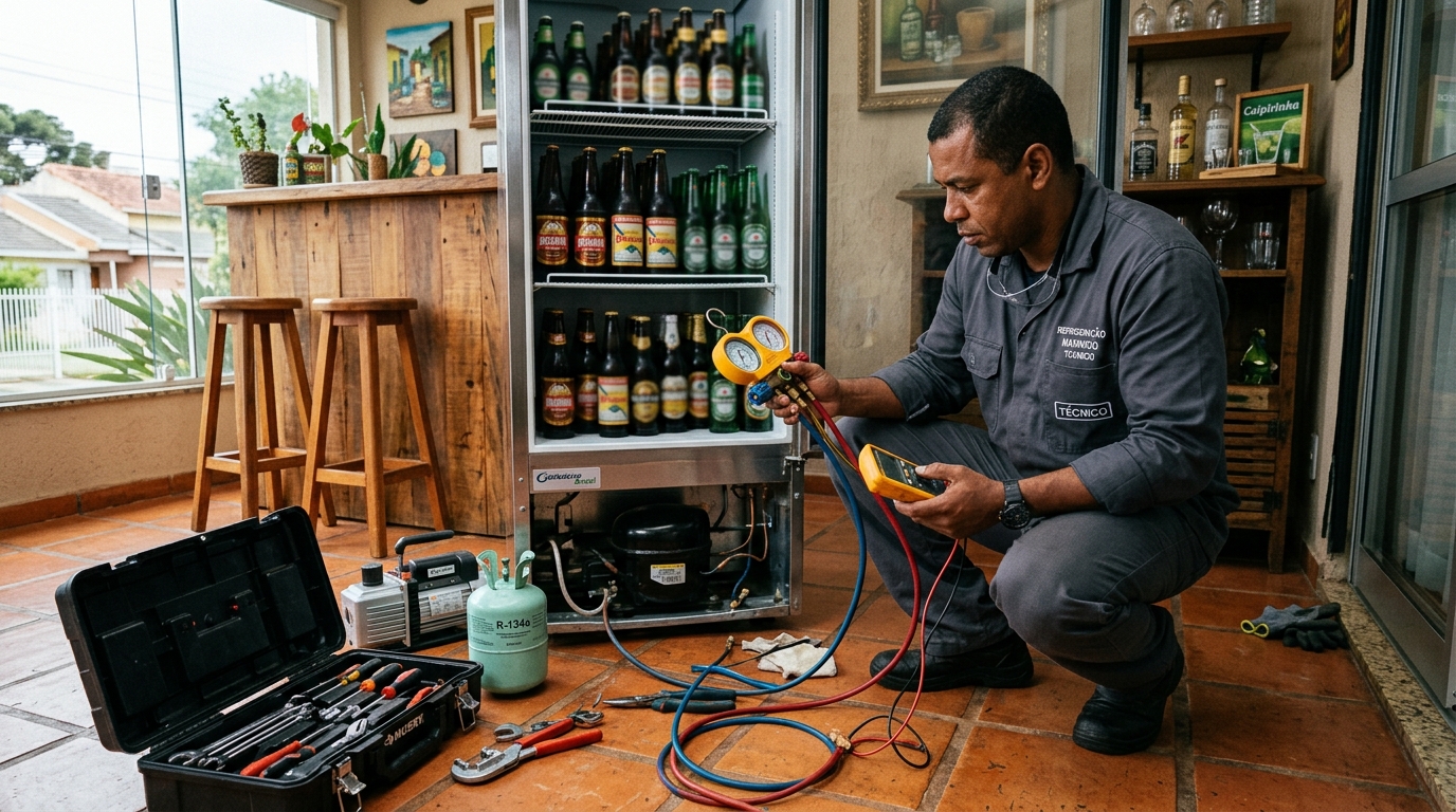 Técnico realizando manutenção de motor de cervejeira em Campinas‑SP